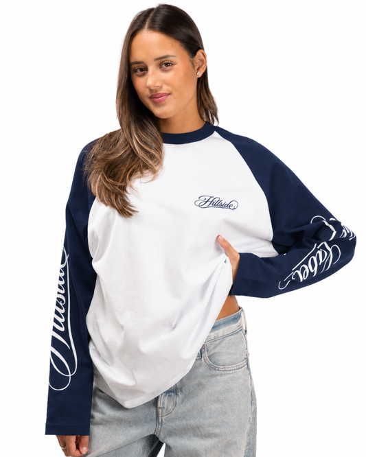 Cursive Raglan Longsleeve Navy Pre Order